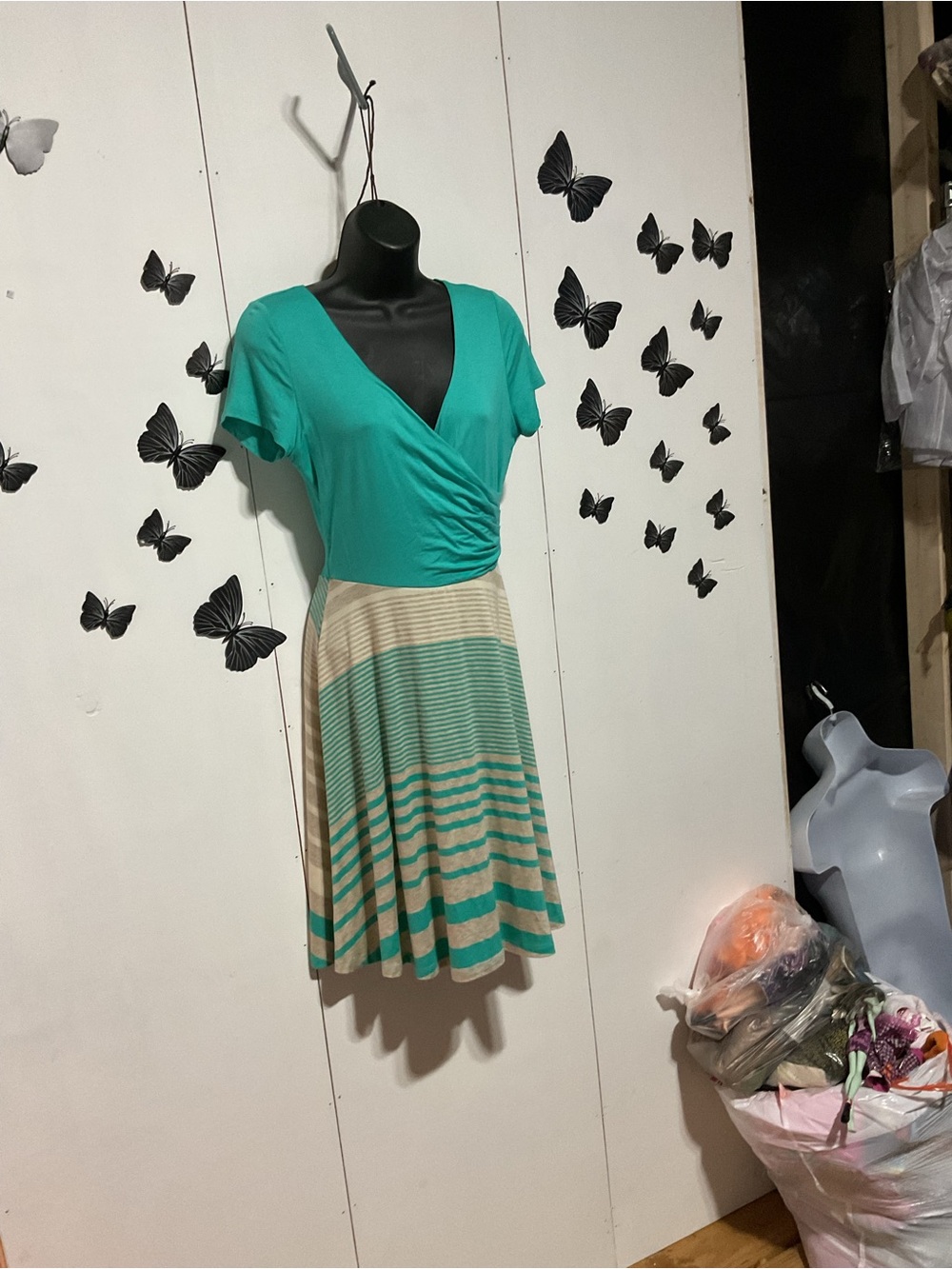 Turquoise and Cream Striped Fit-and-Flare Dress